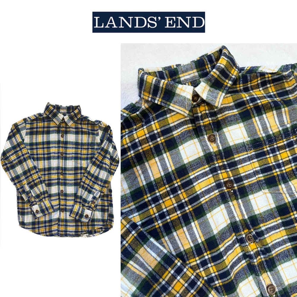 Lands’ End Kids Plaid Cotton Flannel Long Sleeve Shirt Top Yellow Blue Size 7/L